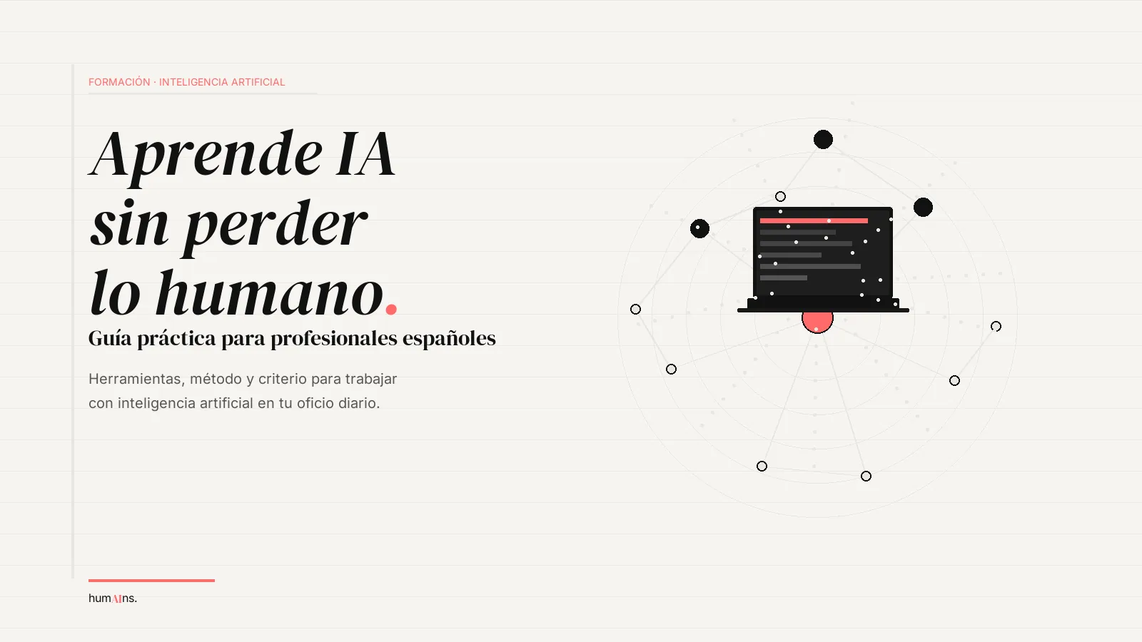 Profesional español frente al ordenador aplicando inteligencia artificial en su oficio, composición editorial con paleta crema y coral